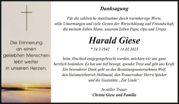 Traueranzeige von Harald Giese  von Magdeburger Volksstimme