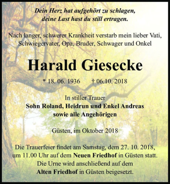Traueranzeige von Harald Giesecke  von Magdeburger Volksstimme