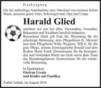 Traueranzeige von Harald Glied  von Magdeburger Volksstimme