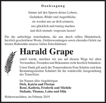 Traueranzeige von Harald Grape  von Magdeburger Volksstimme