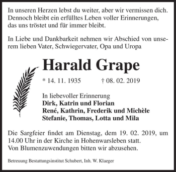 Traueranzeige von Harald Grape  von Magdeburger Volksstimme