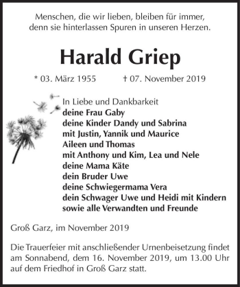 Traueranzeige von Harald Griep  von Magdeburger Volksstimme