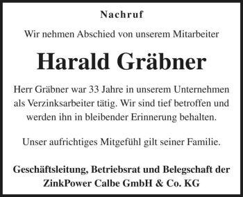 Traueranzeige von Harald Gräbner  von Magdeburger Volksstimme