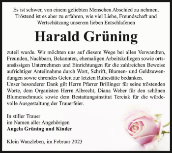 Traueranzeige von Harald Grüning  von Magdeburger Volksstimme