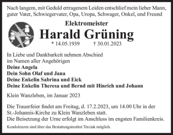 Traueranzeige von Harald Grüning  von Magdeburger Volksstimme