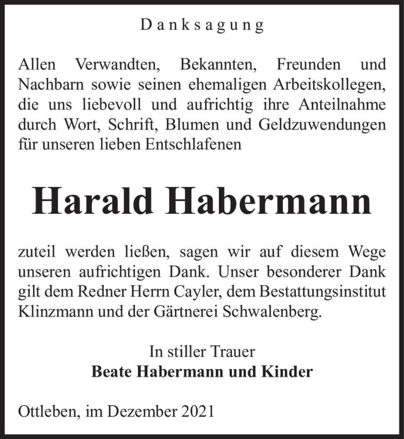  Traueranzeige für Harald Habermann  vom 28.12.2021 aus Magdeburger Volksstimme