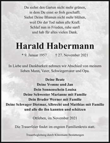 Traueranzeige von Harald Habermann  von Magdeburger Volksstimme