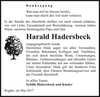 Traueranzeige von Harald Hadersbeck  von Magdeburger Volksstimme