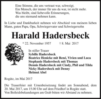 Traueranzeige von Harald Hadersbeck  von Magdeburger Volksstimme