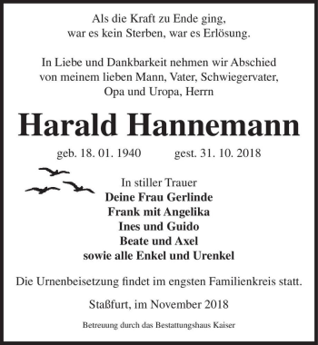 Traueranzeige von Harald Hannemann  von Magdeburger Volksstimme