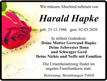 Traueranzeige von Harald Hapke  von Magdeburger Volksstimme
