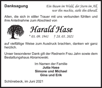 Traueranzeige von Harald Hase  von Magdeburger Volksstimme