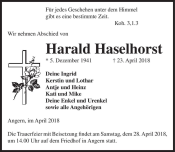 Traueranzeige von Harald Haselhorst  von Magdeburger Volksstimme