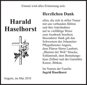 Traueranzeige von Harald Haselhorst  von Magdeburger Volksstimme