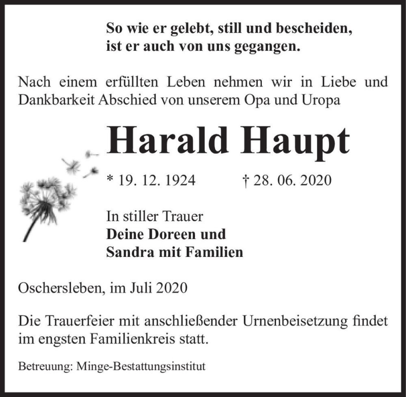  Traueranzeige für Harald Haupt  vom 04.07.2020 aus Magdeburger Volksstimme