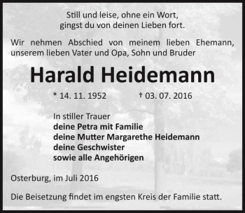 Traueranzeige von Harald Heidemann  von Magdeburger Volksstimme