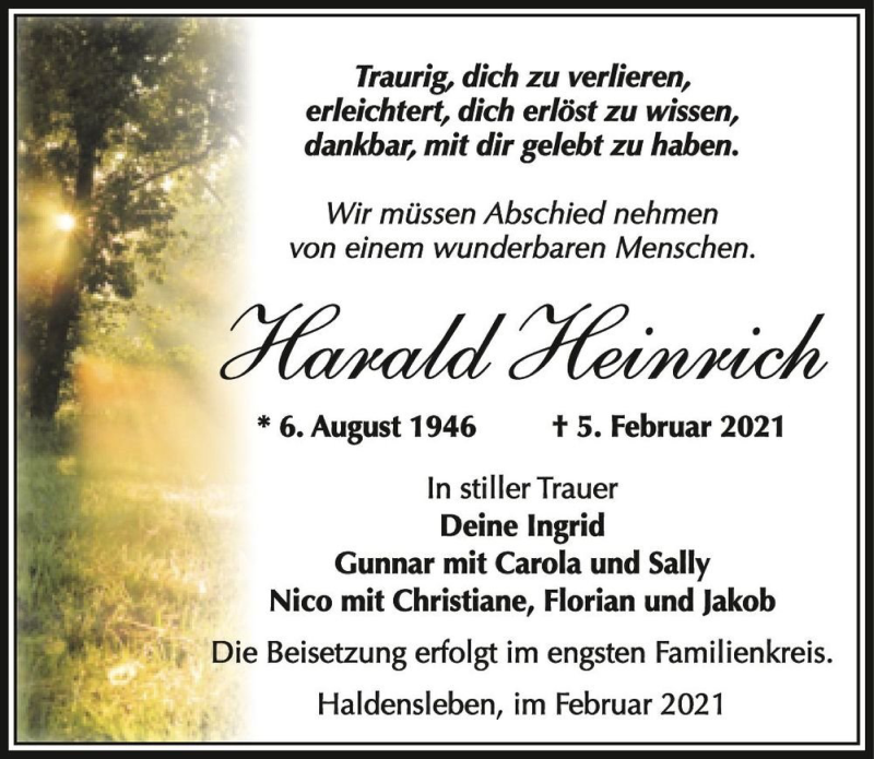  Traueranzeige für Harald Heinrich  vom 13.02.2021 aus Magdeburger Volksstimme
