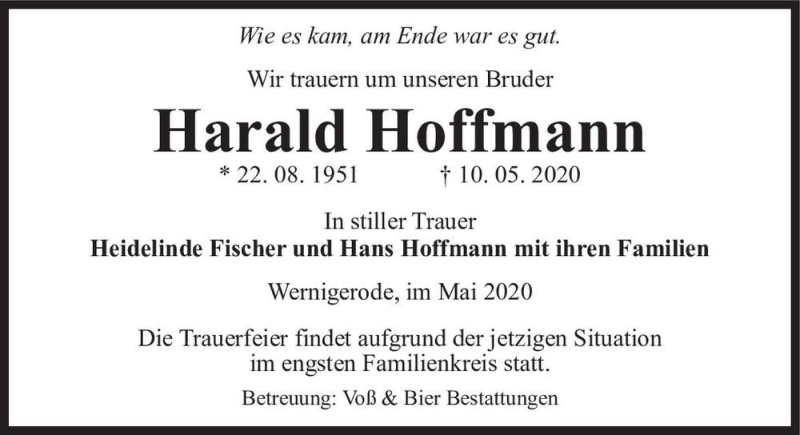  Traueranzeige für Harald Hoffmann  vom 16.05.2020 aus Magdeburger Volksstimme