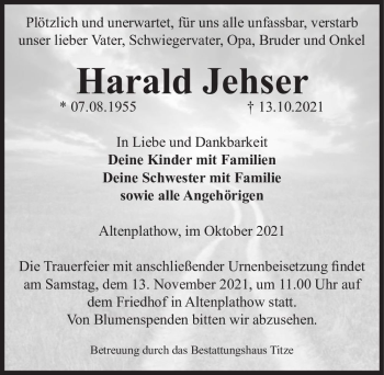 Traueranzeige von Harald Jehser  von Magdeburger Volksstimme