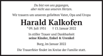 Traueranzeige von Harald Kalkofen  von Magdeburger Volksstimme