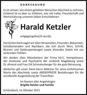 Traueranzeige von Harald Ketzler  von Magdeburger Volksstimme