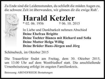 Traueranzeige von Harald Ketzler  von Magdeburger Volksstimme