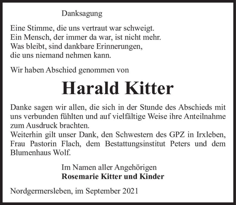  Traueranzeige für Harald Kitter  vom 02.10.2021 aus Magdeburger Volksstimme