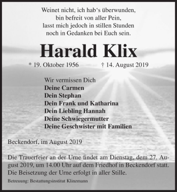 Traueranzeige von Harald Klix  von Magdeburger Volksstimme