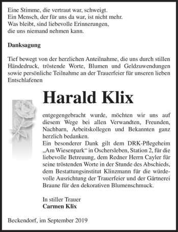 Traueranzeige von Harald Klix  von Magdeburger Volksstimme