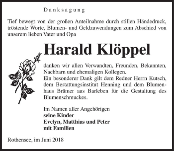 Traueranzeige von Harald Klöppel  von Magdeburger Volksstimme