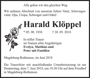 Traueranzeige von Harald Klöppel  von Magdeburger Volksstimme