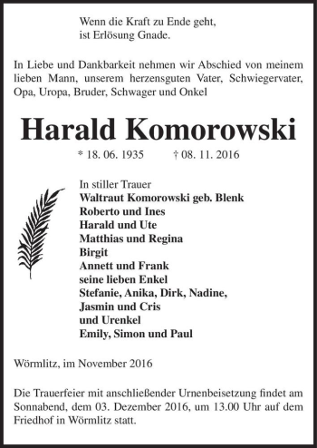 Traueranzeige von Harald Komorowski  von Magdeburger Volksstimme