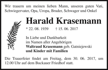 Traueranzeige von Harald Krasemann  von Magdeburger Volksstimme