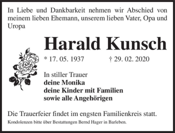Traueranzeige von Harald Kunsch  von Magdeburger Volksstimme