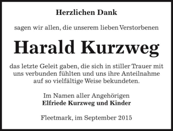 Traueranzeige von Harald Kurzweg  von Magdeburger Volksstimme