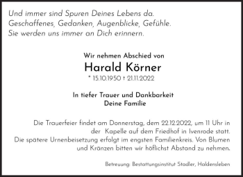 Traueranzeige von Harald Körner  von Magdeburger Volksstimme