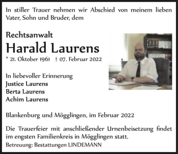 Traueranzeige von Harald Laurens  von Magdeburger Volksstimme