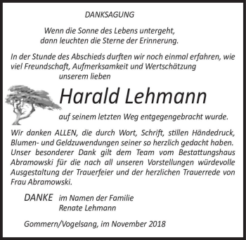 Traueranzeige von Harald Lehmann  von Magdeburger Volksstimme
