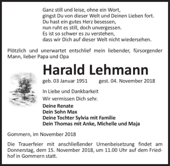 Traueranzeige von Harald Lehmann  von Magdeburger Volksstimme