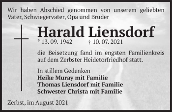 Traueranzeige von Harald Liensdorf  von Magdeburger Volksstimme