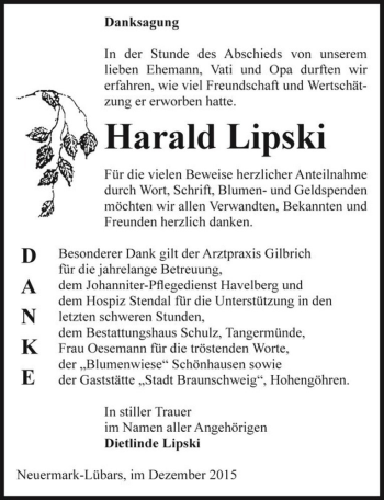 Traueranzeige von Harald Lipski  von Magdeburger Volksstimme