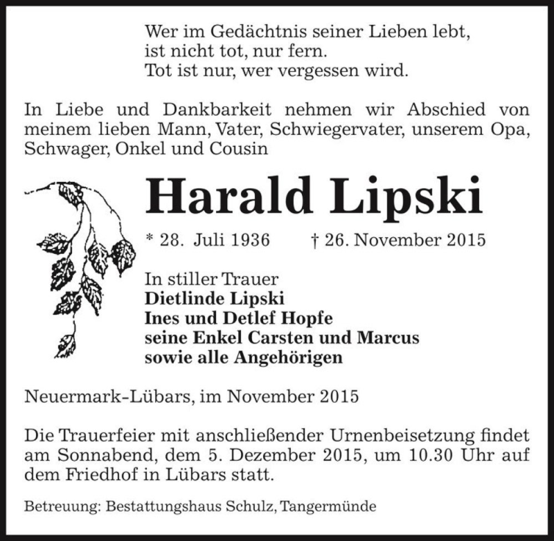  Traueranzeige für Harald Lipski  vom 28.11.2015 aus Magdeburger Volksstimme
