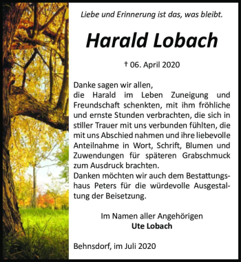 Traueranzeige von Harald Lobach  von Magdeburger Volksstimme