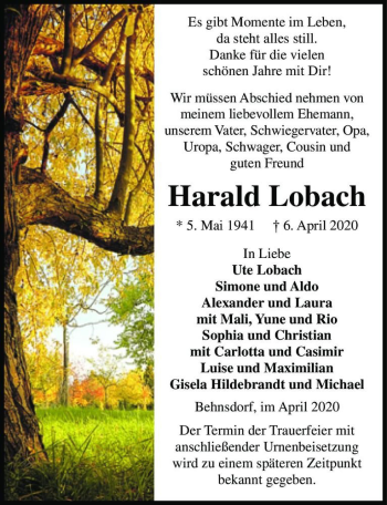 Traueranzeige von Harald Lobach  von Magdeburger Volksstimme