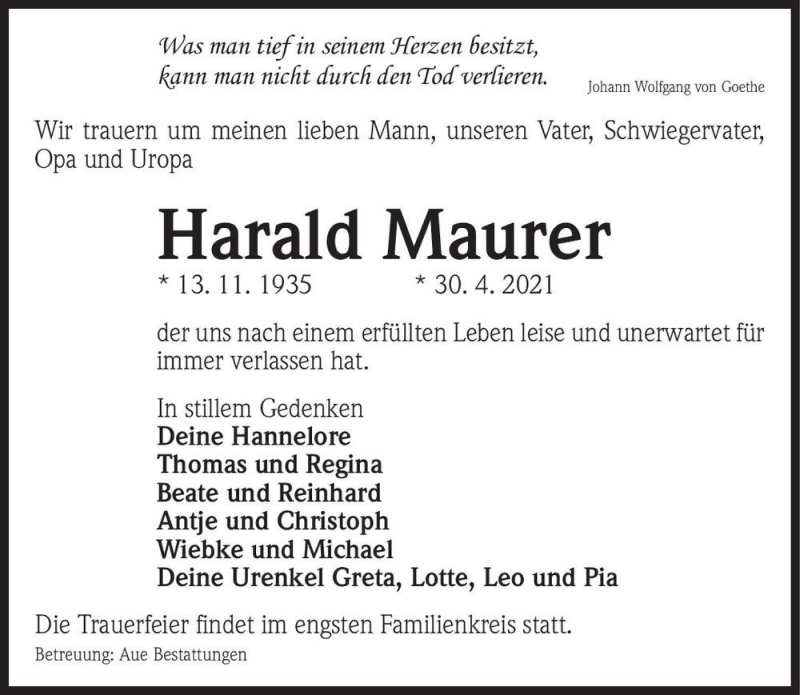  Traueranzeige für Harald Maurer  vom 08.05.2021 aus Magdeburger Volksstimme