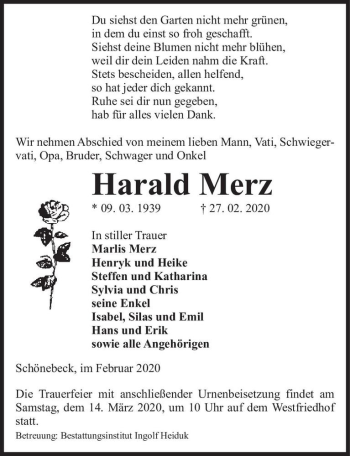 Traueranzeige von Harald Merz  von Magdeburger Volksstimme