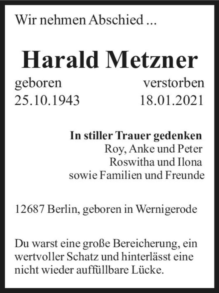  Traueranzeige für Harald Metzner  vom 13.02.2021 aus Magdeburger Volksstimme