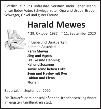 Traueranzeige von Harald Mewes  von Magdeburger Volksstimme