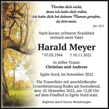 Traueranzeige von Harald Meyer  von Magdeburger Volksstimme