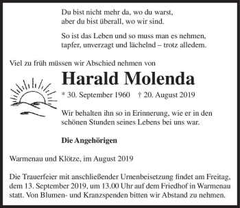 Traueranzeige von Harald Molenda  von Magdeburger Volksstimme